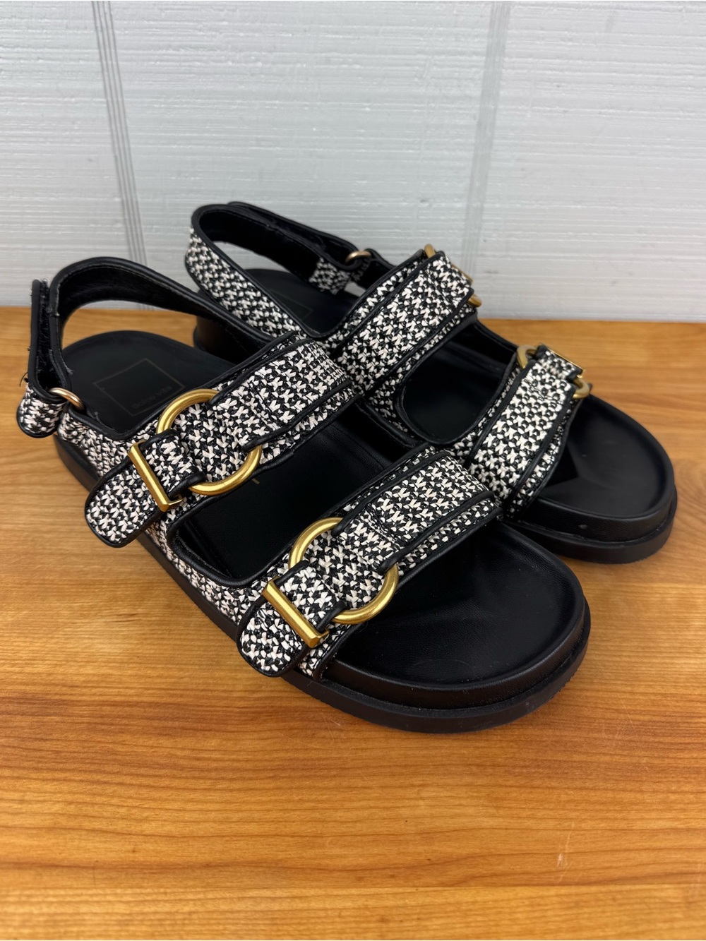 Dolce Vita Shelli Black White Woven Raffia Double Strap Sandals Gold Buckles